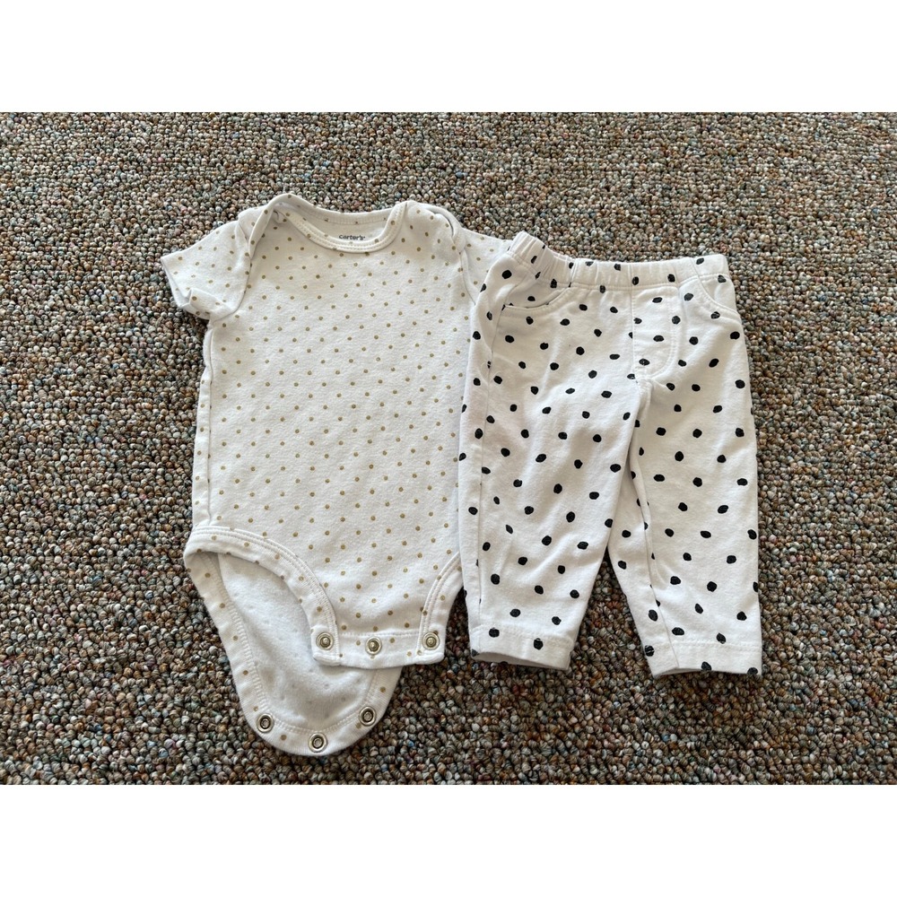 Carter's Girls Gold Glitter Spotted Bodysuit & Black & White Spotted Pants 3M